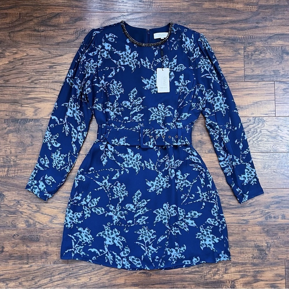 REISS • Melody Printed Dress With Embellished Detail blue floral beaded mini - Picture 2 of 15